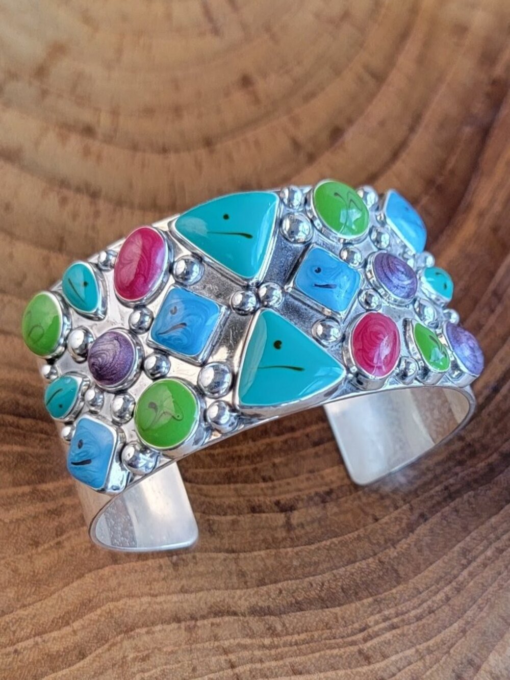 Vintage Chunky Enamel Cuff Bracelet Silver Beaded
